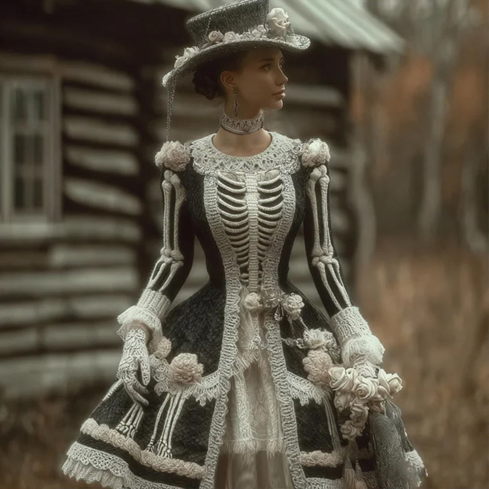 Women's Halloween Skeleton Flower Knitted Retro Dress artswardrobe