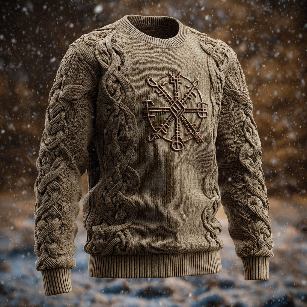 Men's Vintage Viking Vegvisir Pattern Knit Crew Neck Sweater artswardrobe