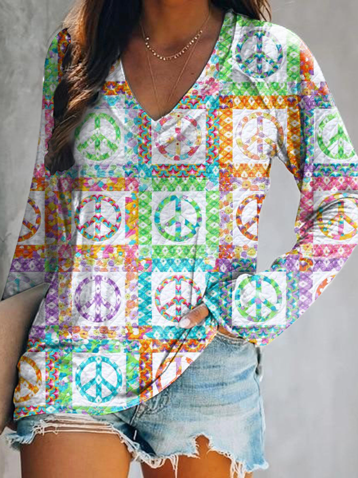 Women's Casual Hippie Art Print V Neck Long Sleeve Tops
