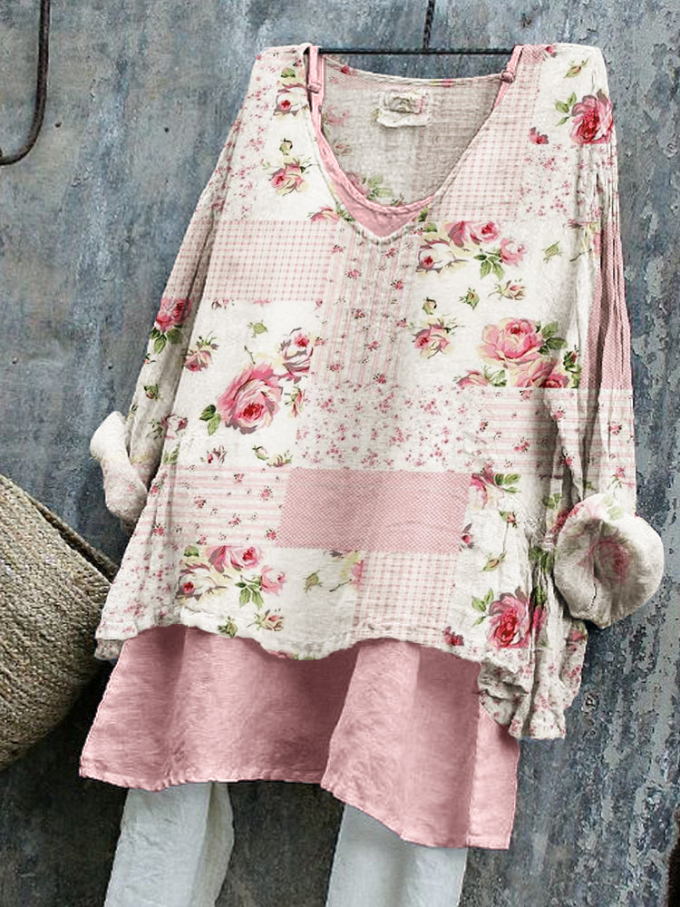 Comstylish Vintage Roses Floral Patchwork Linen Tunic