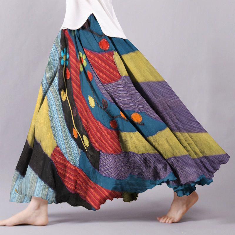 Vintage Boho Color Block Flowy Wide Skirt artswardrobe