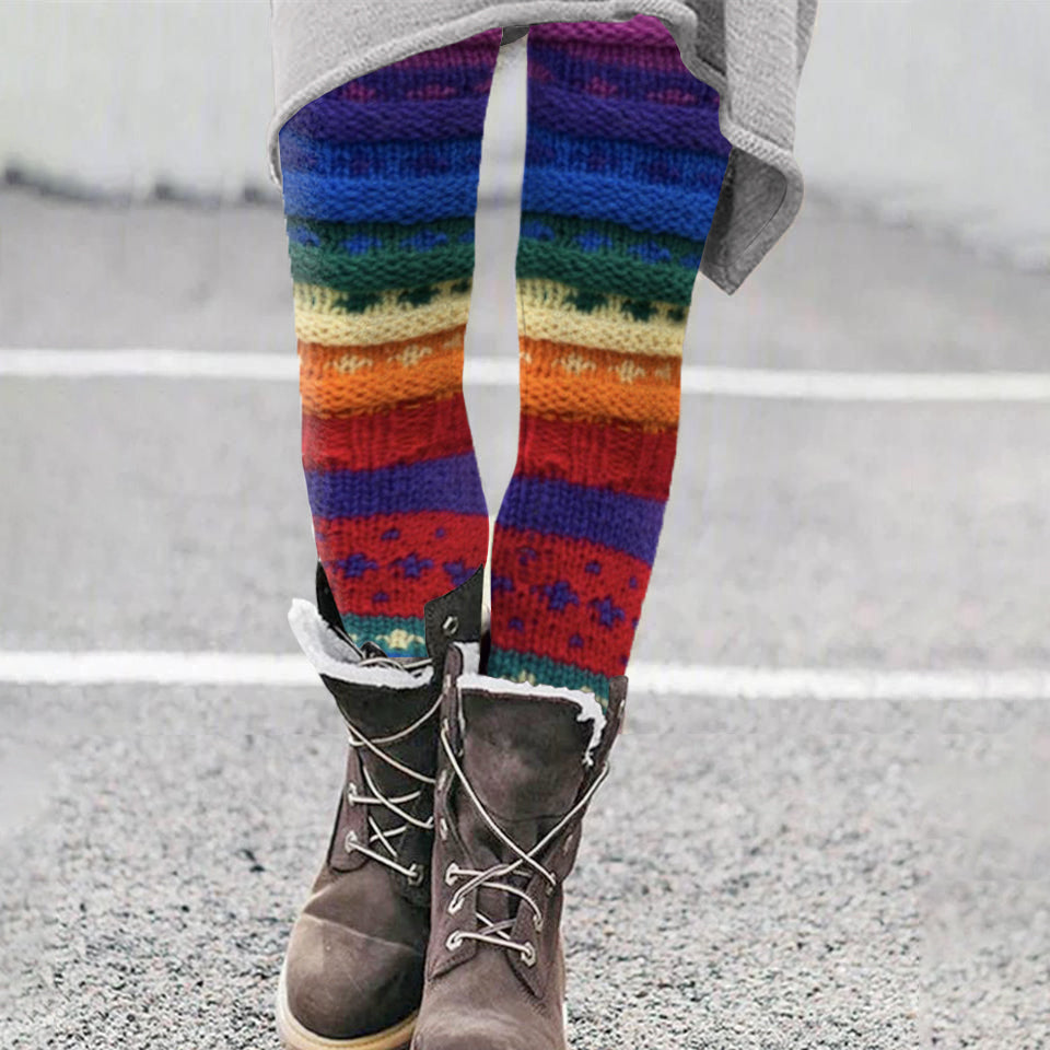 Vintage Colorblock Patchwork Rainbow Multicolored Cozy Knit Leggings artswardrobe