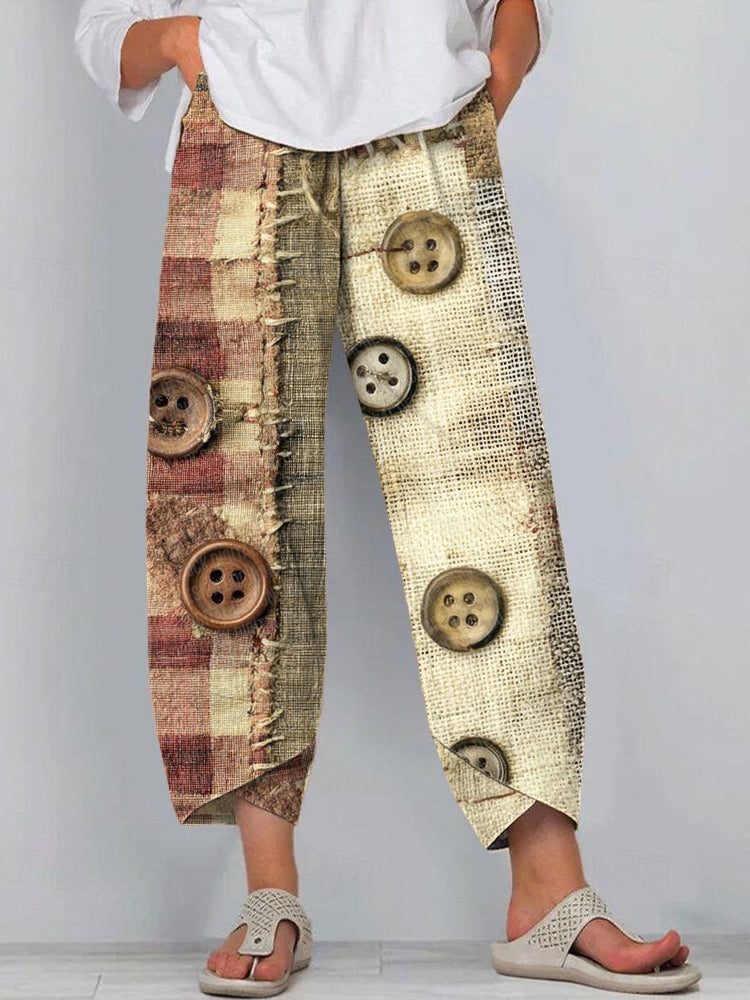 Vintage Button Plaid Patchwork Art Linen Pants artswardrobe