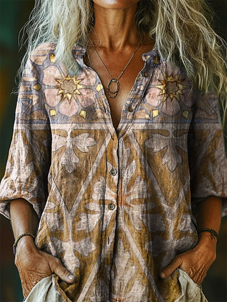 Women's Vintage Bohemian Floral Art Print Casual Cotton Linen Shirt