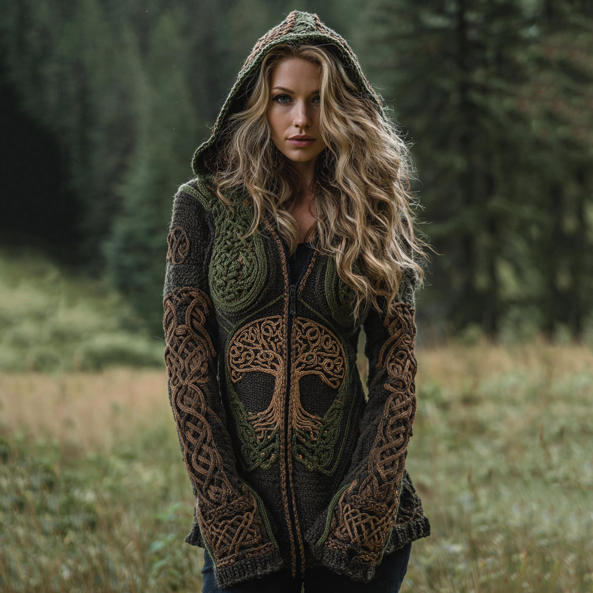 Vintage Celtic Knot Tree Of Life Jacquard Contrast Color Zipper Hooded Sweater