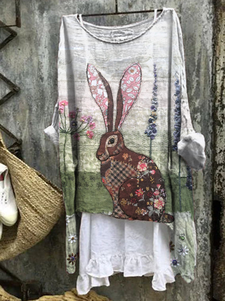 Women's Spring Bunny Embroidery Linen Blend Shirt artswardrobe