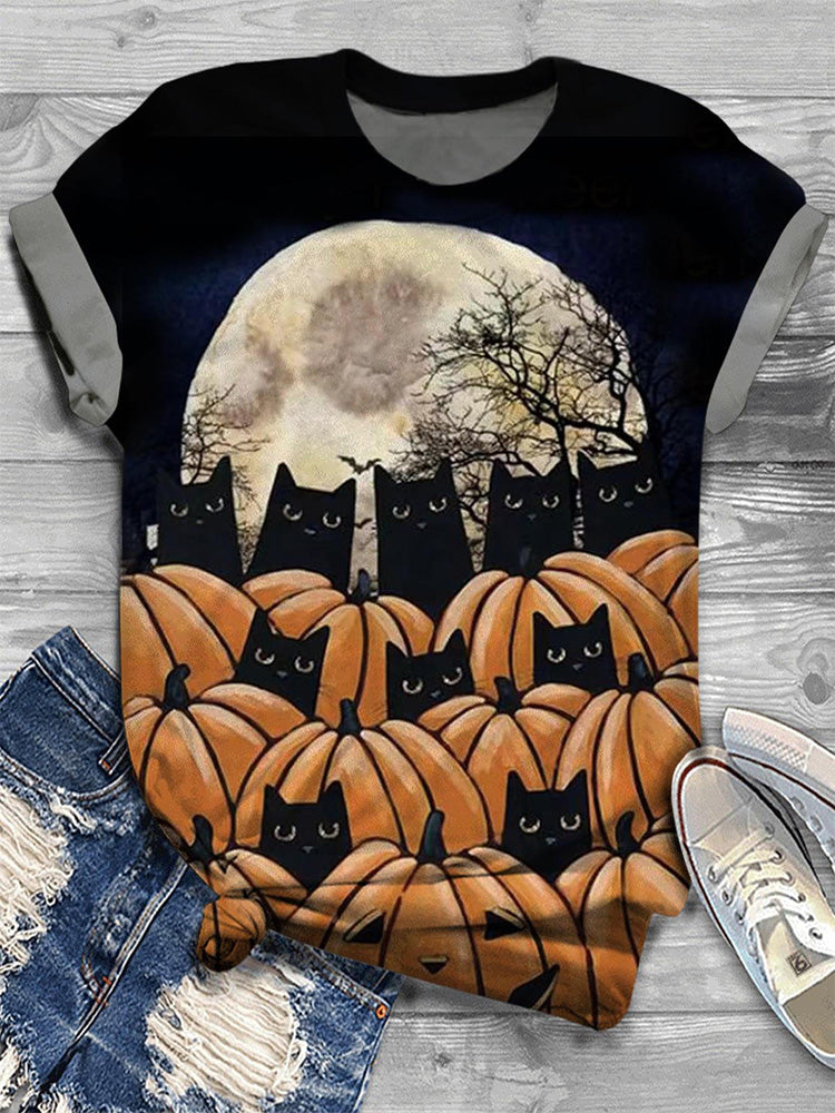 Black Cats Peek A Boo Pumpkins Crew Neck T-Shirt artswardrobe