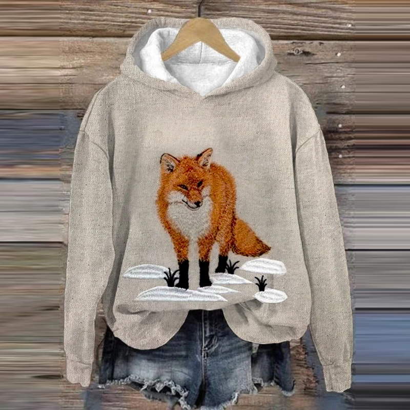 Women's Cute Snow Fox Print Casual Hoodie artswardrobe