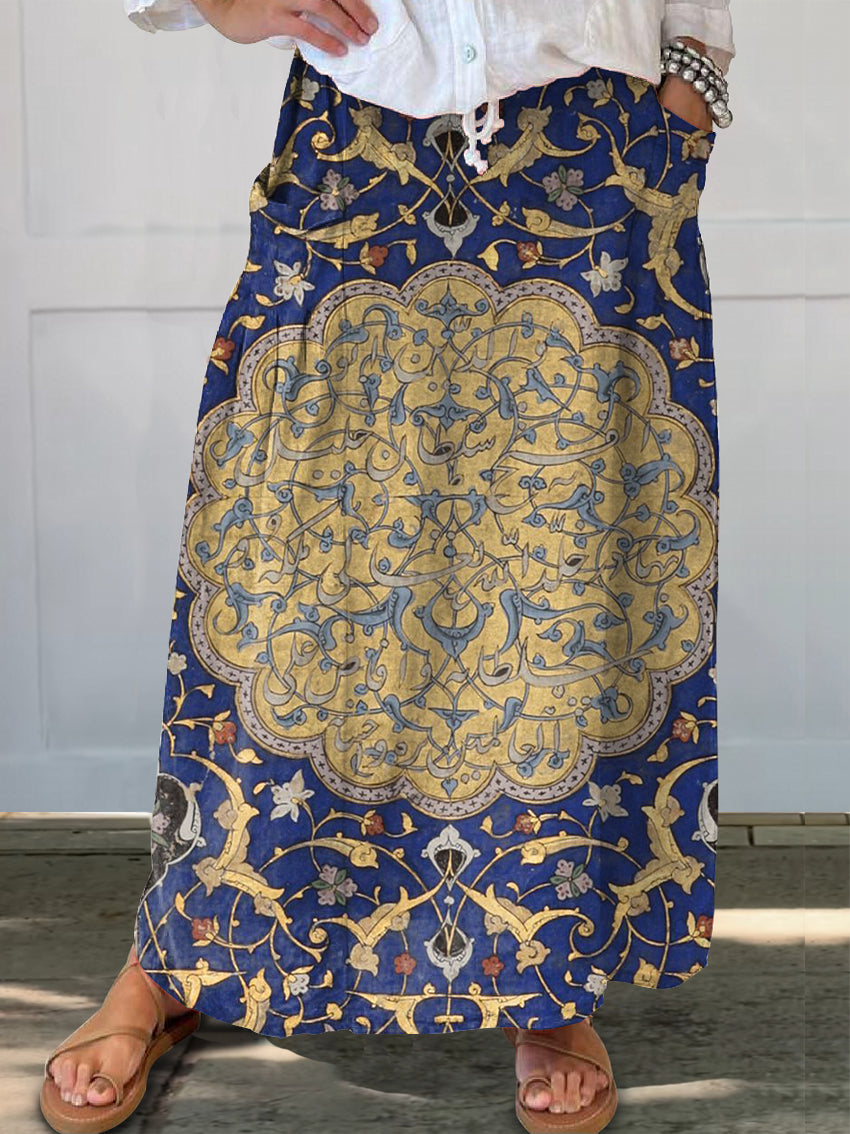 Women's Vintage Ethnic Floral Art Print Linen Pocket Skirt