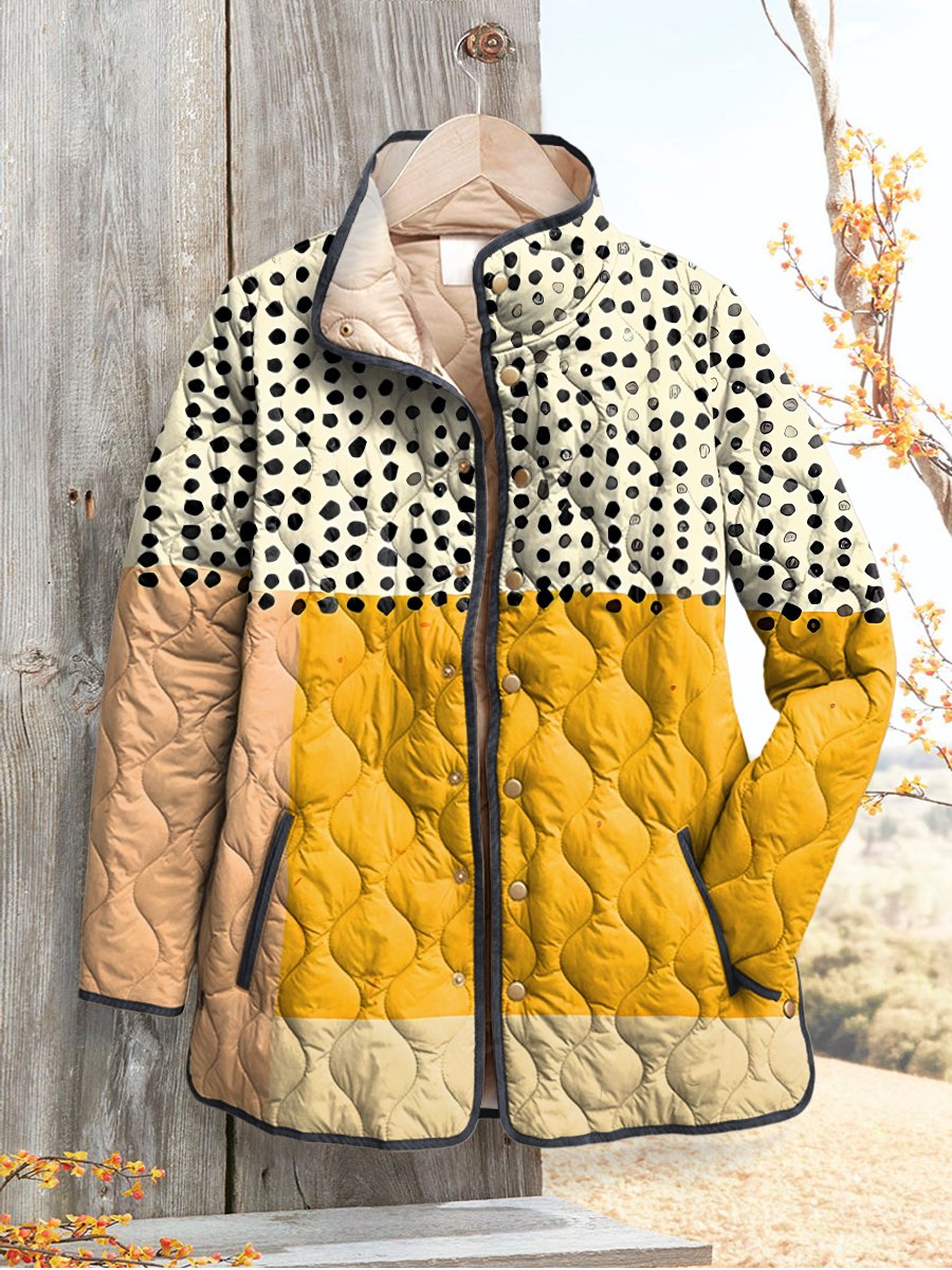 Women's Yellow Color-blocked Dots Print Casual Quilted Cardigan