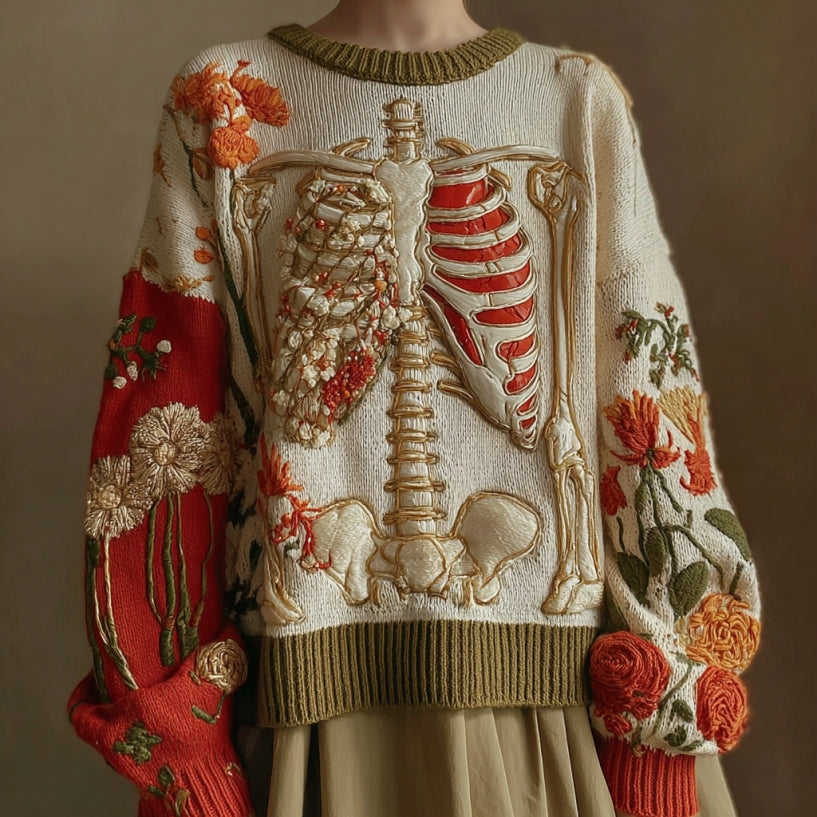 Vintage Halloween Anatomy And Red Heart Floral Art Chunky Knitted Sweater artswardrobe