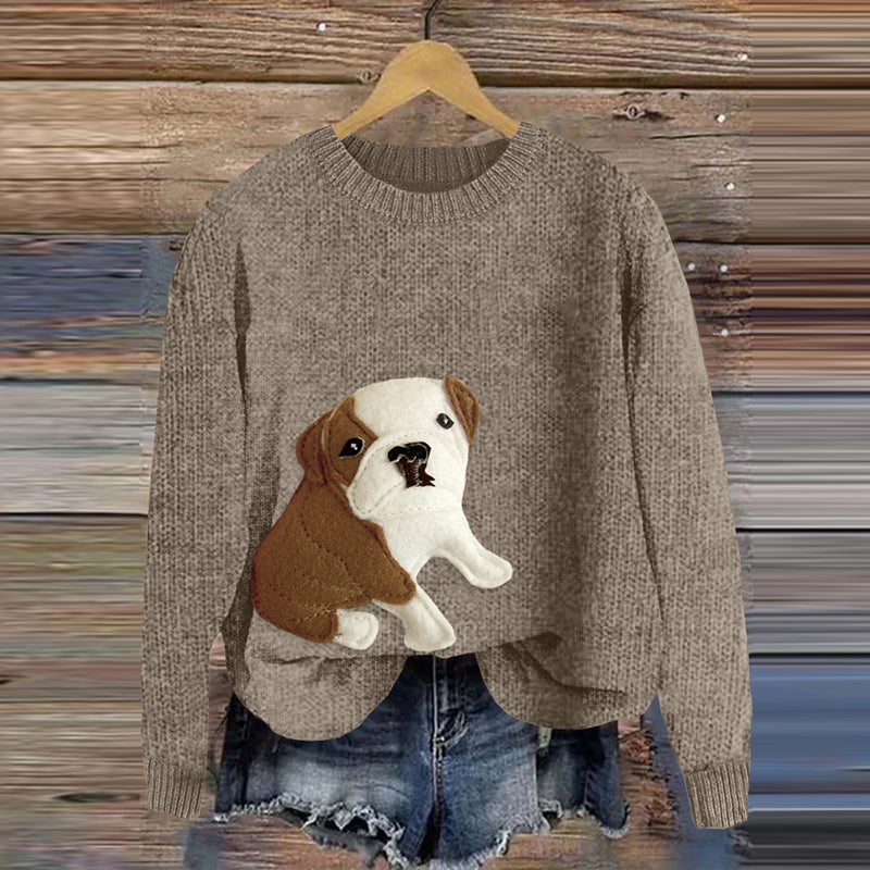 Comstylish Cute Bulldog Applique Embroidery Cozy Sweater