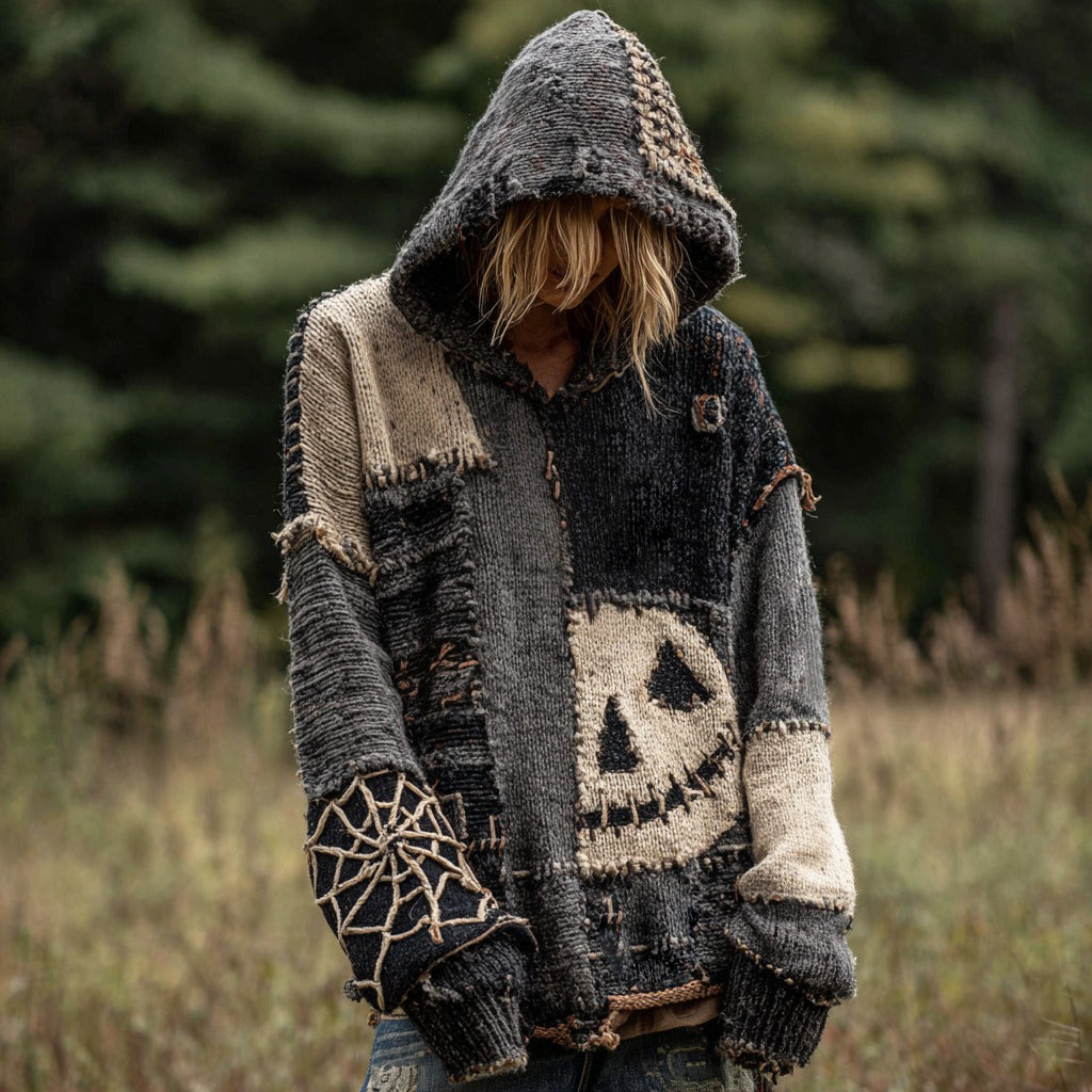 Halloween Spooky Face Patchwork Design Cozy Knit Hooded Sweater artswardrobe