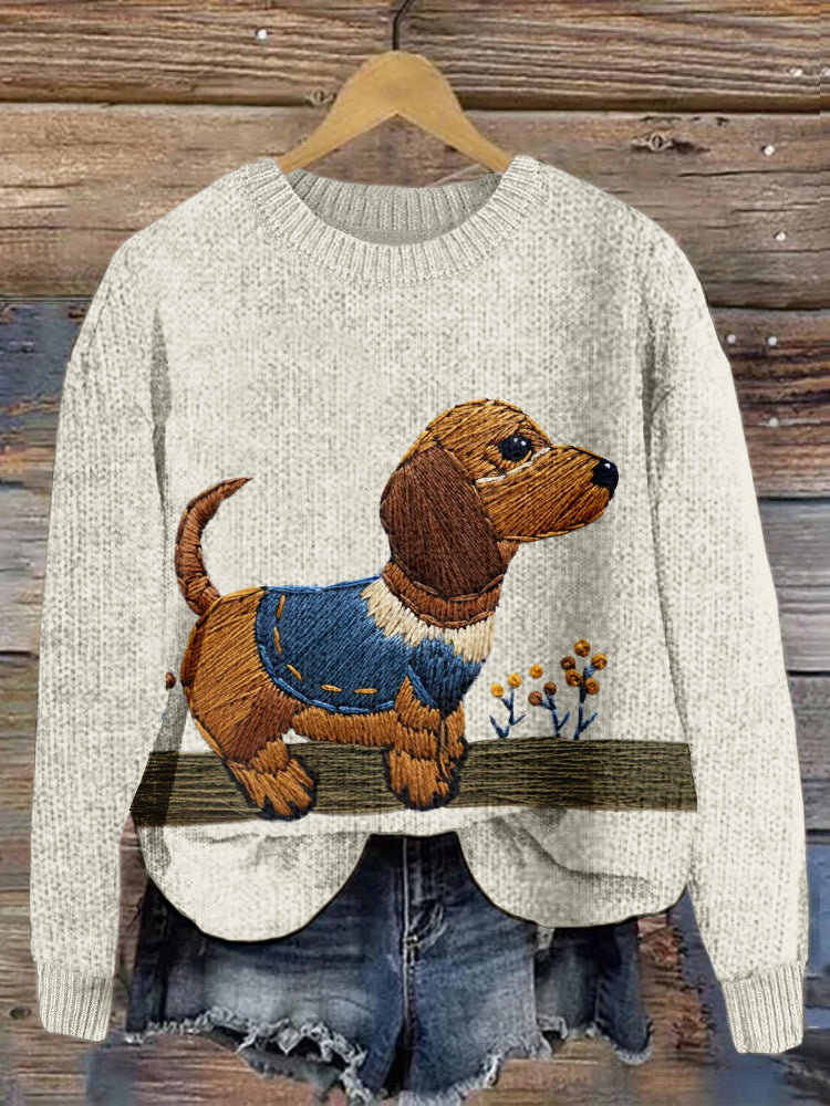 Comstylish Lovely Dog Embroidered Cozy Knit Sweater
