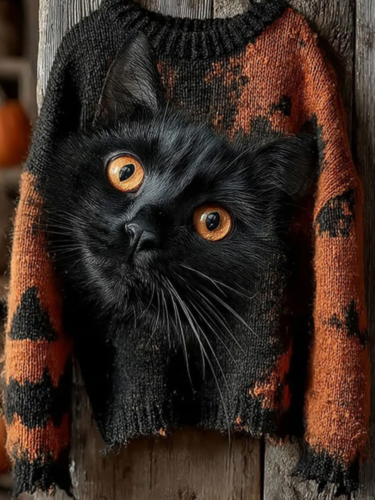 Women's Halloween Black Cat Knitted Sweater