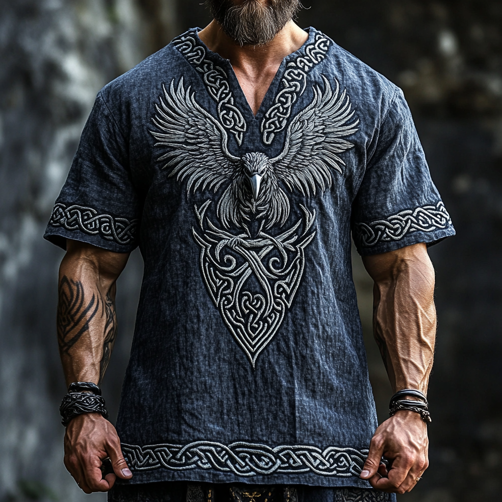 Men's Viking Eagle Celtic Knot Print V-neck Linen Blend Shirt artswardrobe