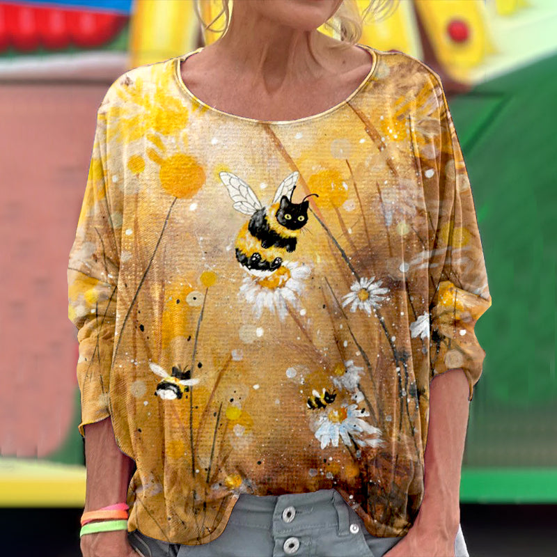 Abstract Creative Lovely Bee Cat Graphic Art Pattern Long Sleeve T-shirt elevenforest