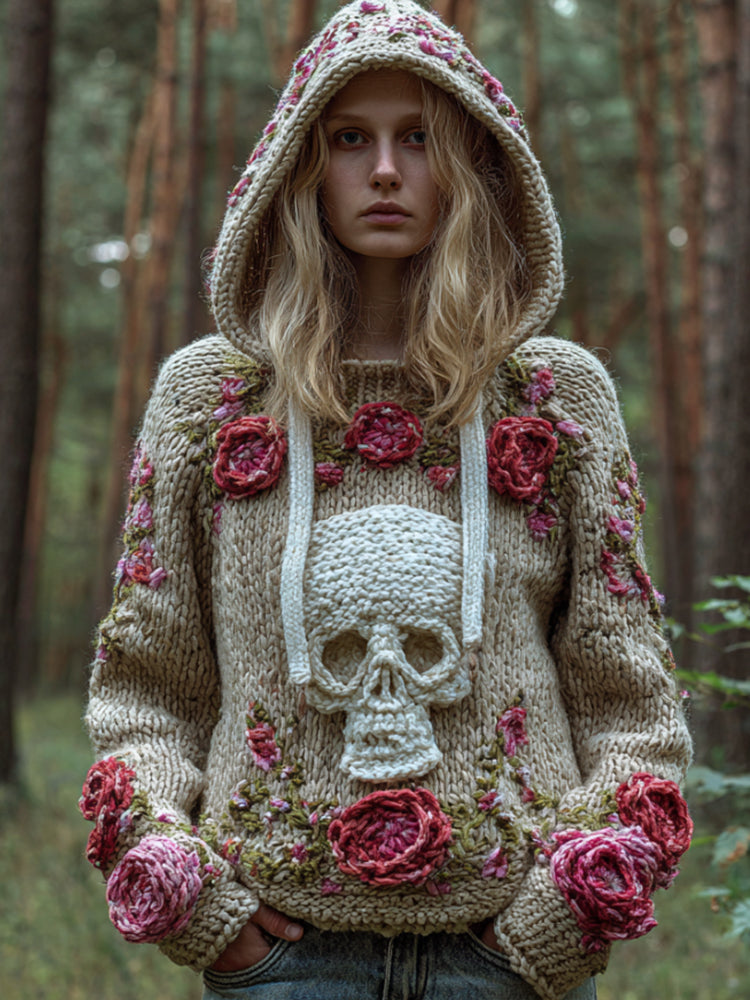 Women Halloween Skull Romantic Rose Vintage Hooded Sweater elevenforest