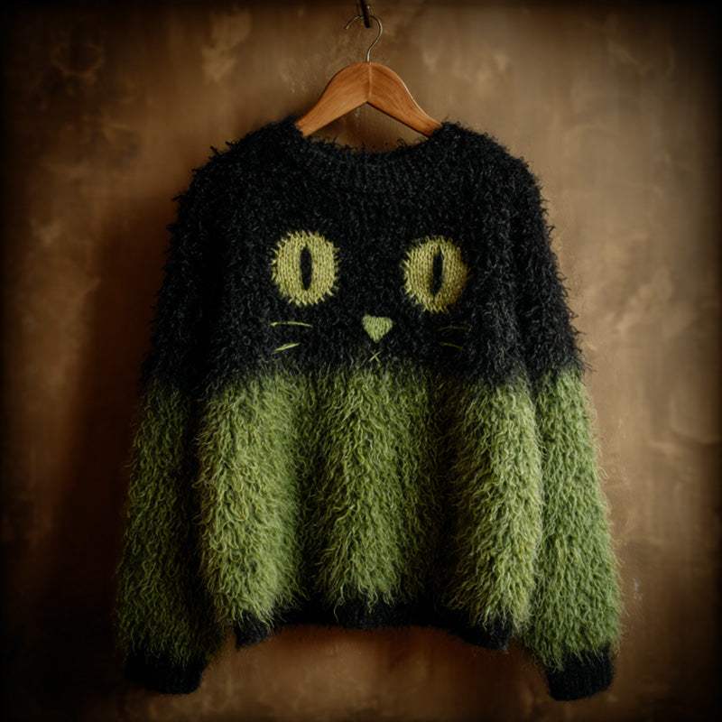 Women's Casual Vintage Halloween Black Cat Embroidered Sweater elevenforest