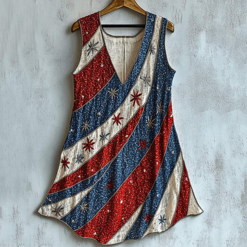 Women's Independent Day Shining Star American Flag Art Vintage Linen Sleeveless Tank Top artswardrobe