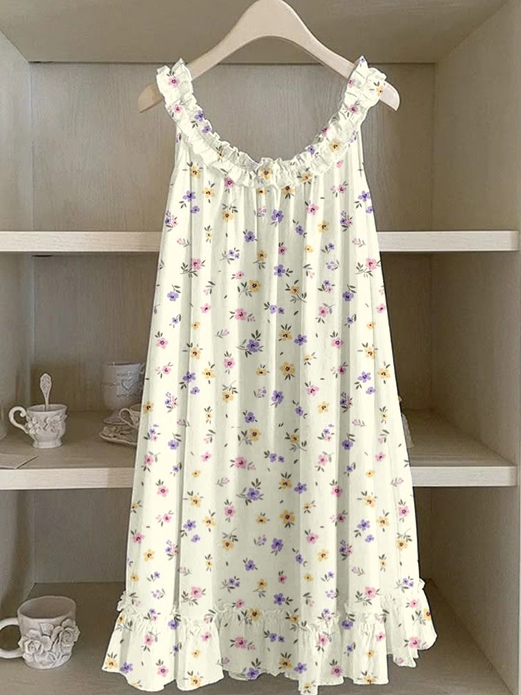 Colorful Floral Pattern Ruffle Linen Dress artswardrobe