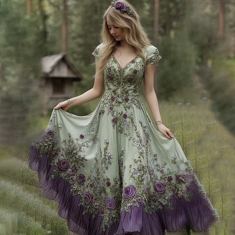 Classy Gradient Purple Lavender And Floral Embroidered Linen Maxi Dress artswardrobe