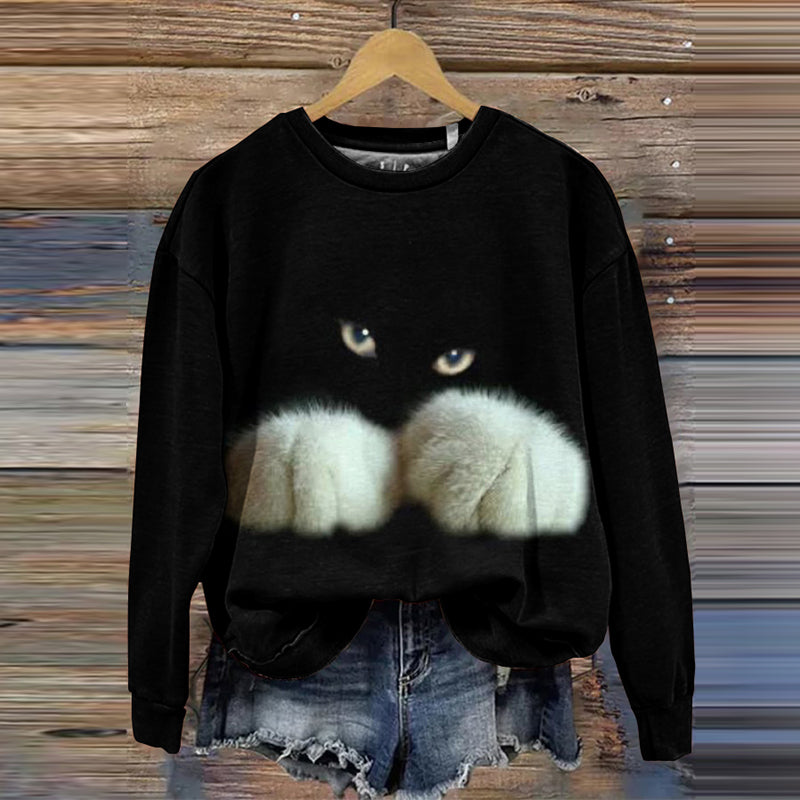 Abstract Creative Cute Black Cat Print Crew Neck Casual Sweatshirt elevenforest