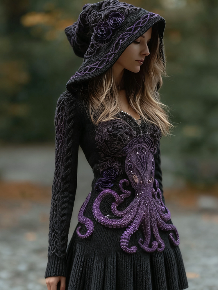 Halloween Variant Octopus Pattern Ladies' Knit Hooded Dress artswardrobe