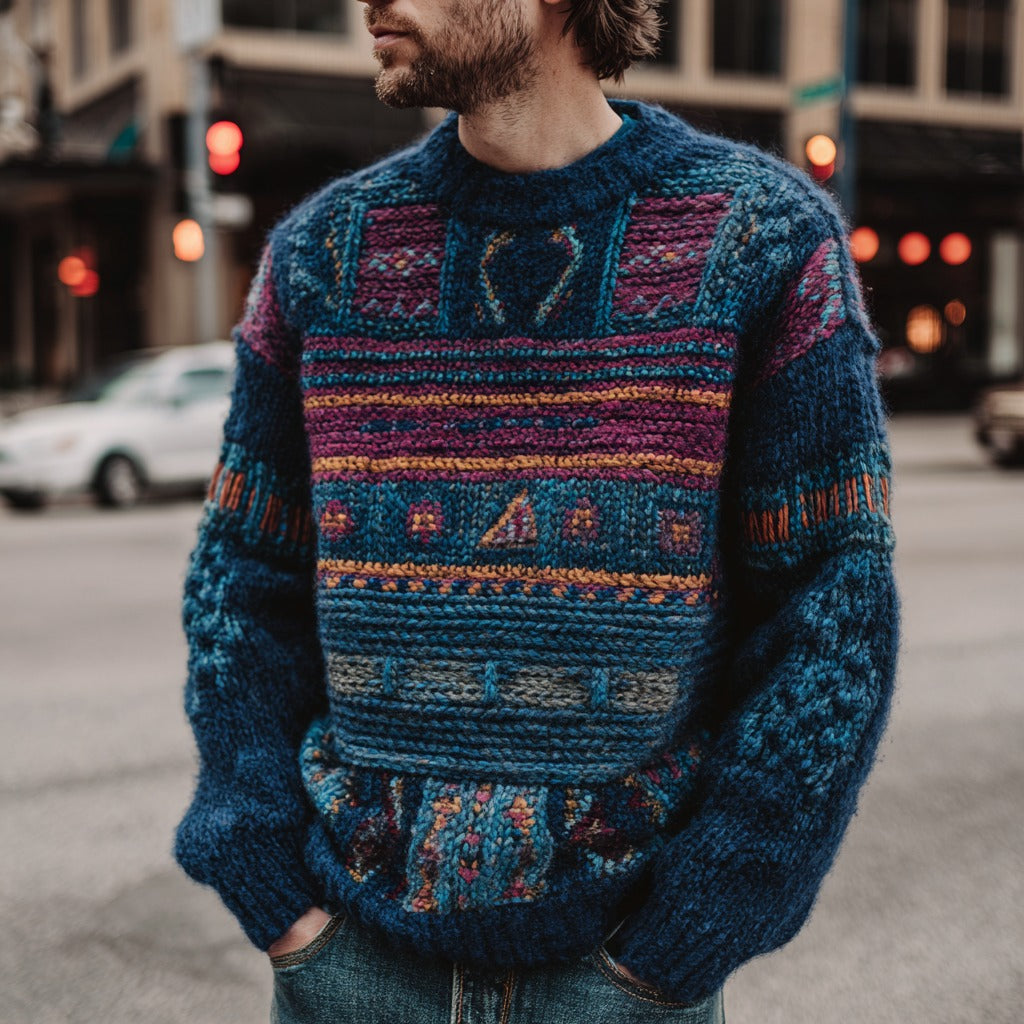 Men's Retro Tribal Geometric Pattern Knit Crew Neck Sweater artswardrobe