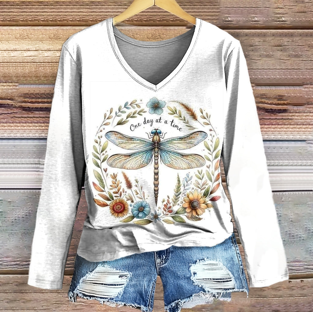 Women's Dragonfly Floral Art Print Casual V-Neck Long Sleeve T-Shirt