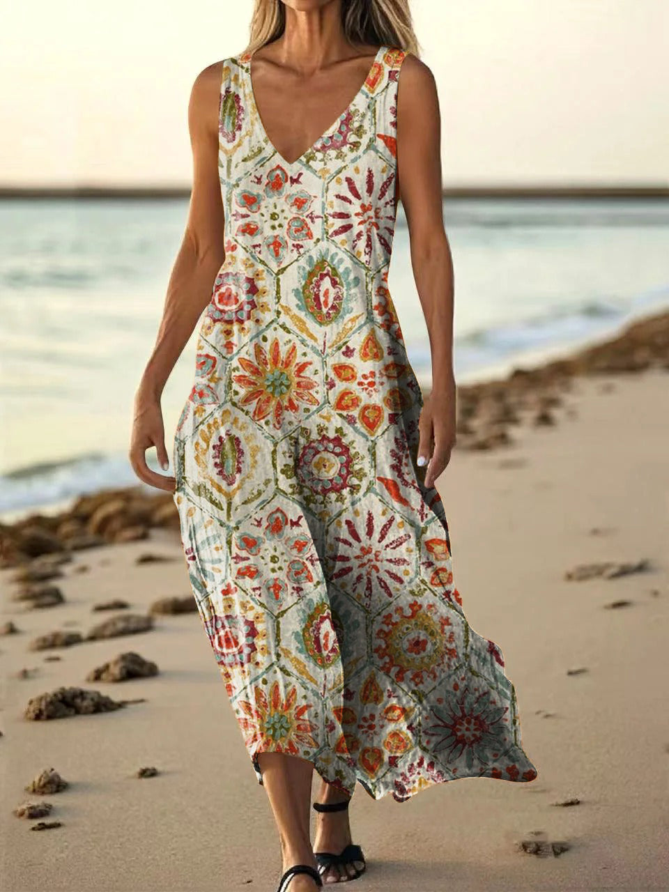 Women's Vintage Ethnic Floral Art Print Pocket Cotton Dress