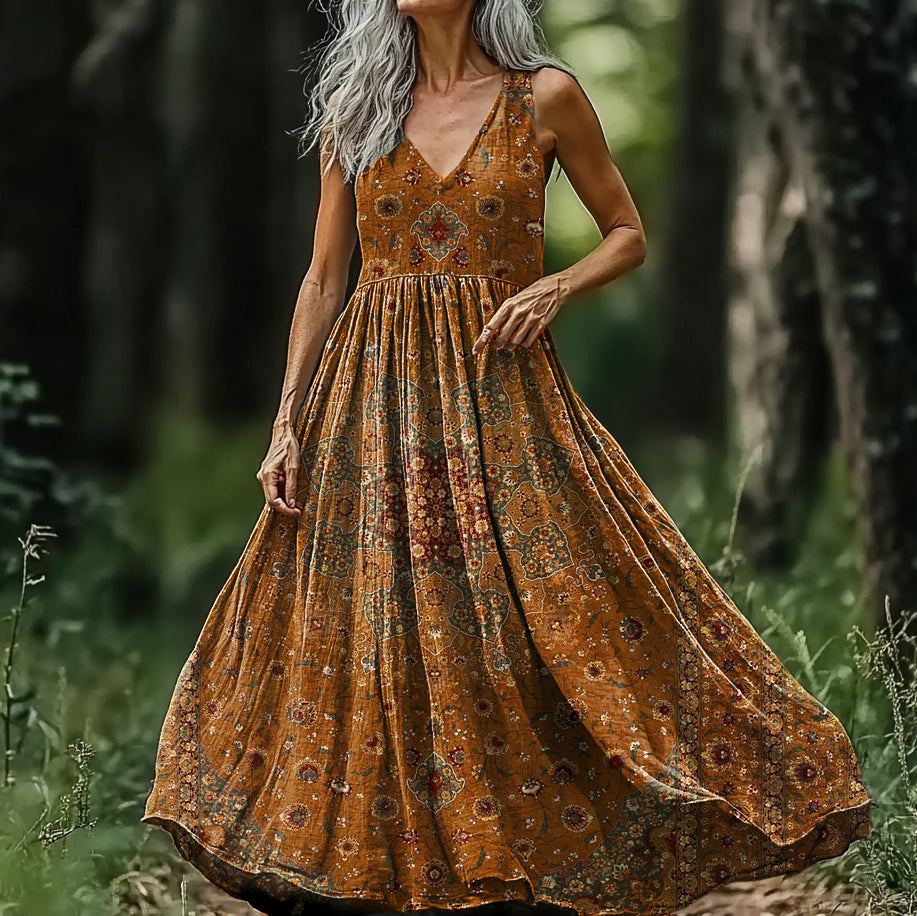 Women's Ethnic Totem Floral Art Pattern Print V-neck Sleeveless Cotton