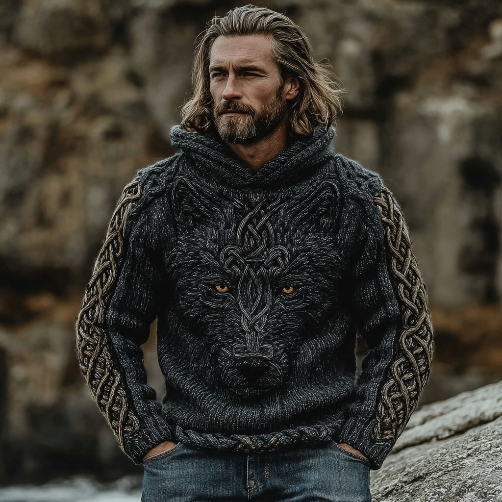 Men's Viking Wolf Celtic Vintage Chunky Hooded Sweater artswardrobe