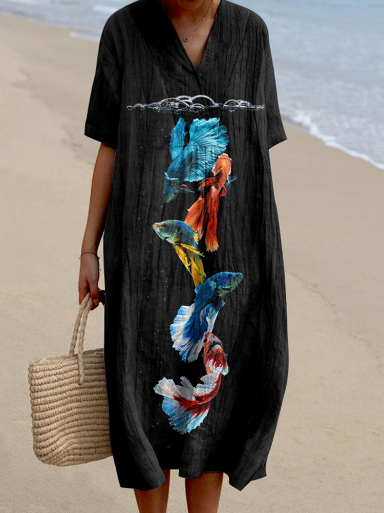 Marine Animal Fish Casual V-Neck Dress