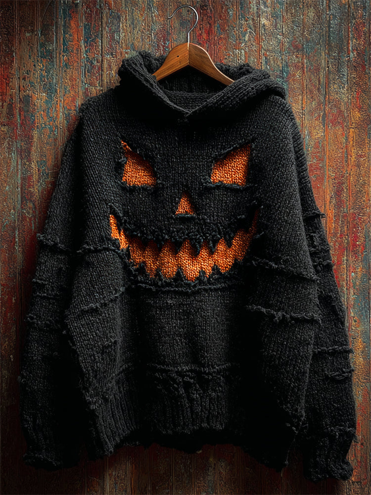 Halloween Spooky Pumpkin Frayed Cozy Knit Hooded Sweater artswardrobe