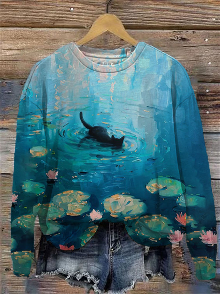 Women's Casual Japanese Art Funny Black Cat Print Sweatshirt elevenforest