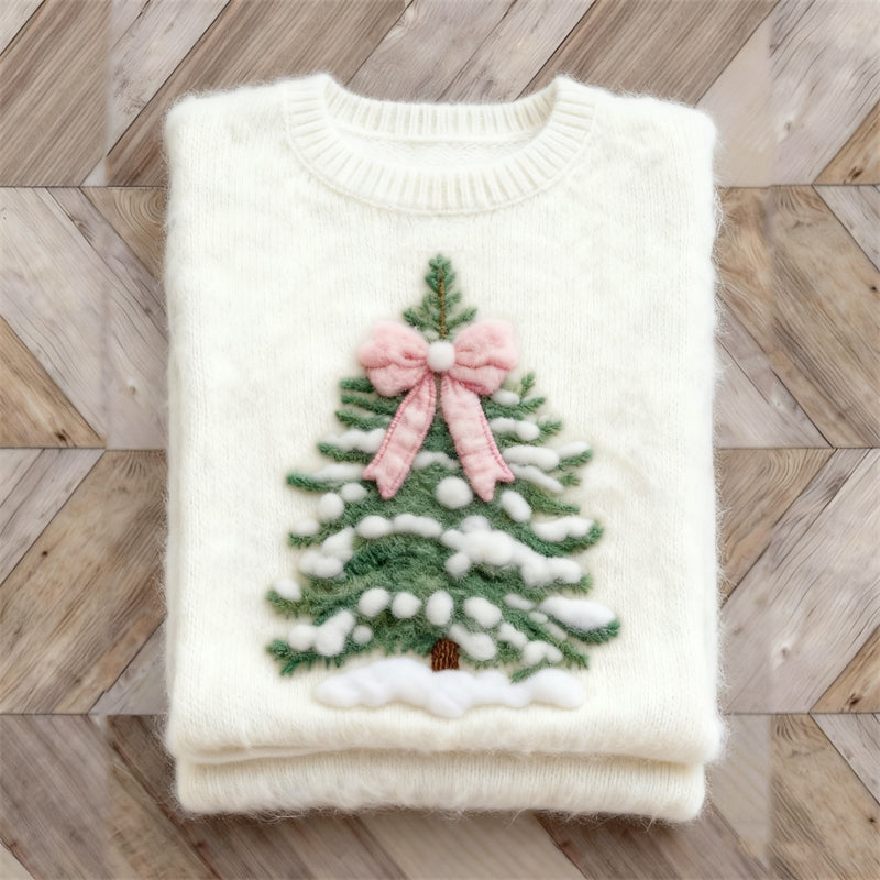 Snowy Christmas Tree With Pink Bow Knot Cozy Sweater artswardrobe