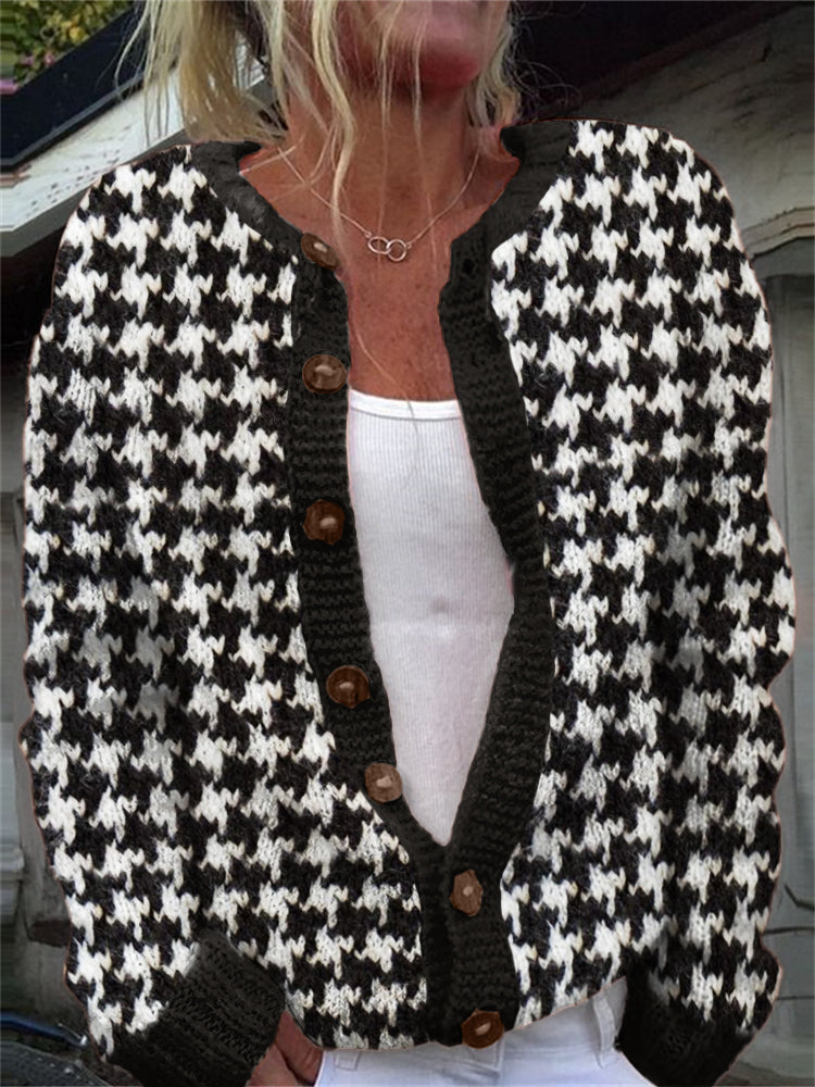 Classy Houndstooth Crochet Chunky Cozy Knit Cardigan elevenforest