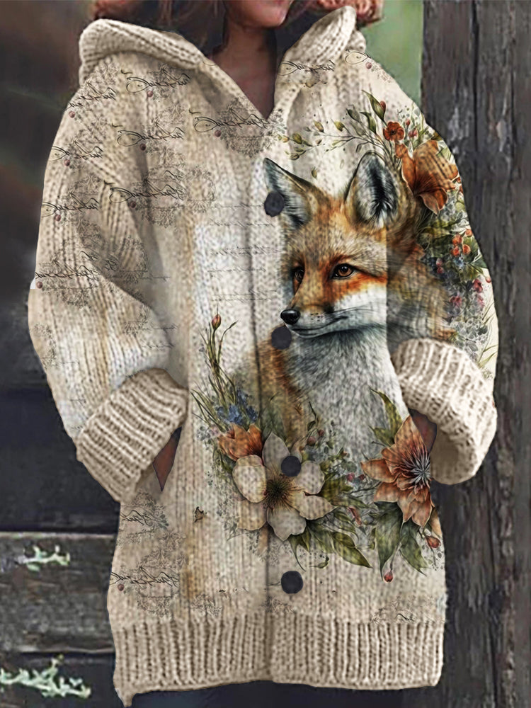 Vintage Fox Floral Art Cozy Knit Hooded Cardigan artswardrobe