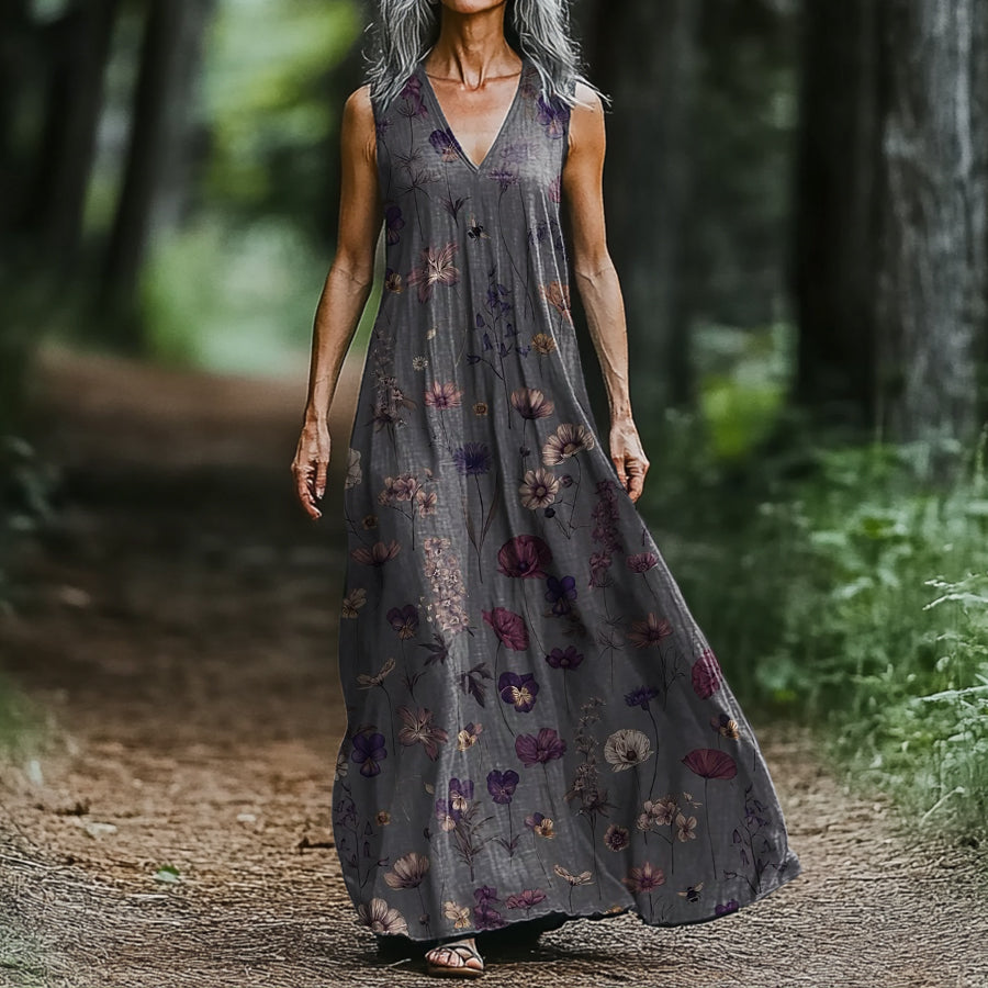 Women's Art Floral Vintage Print V-Neck Tank Dress