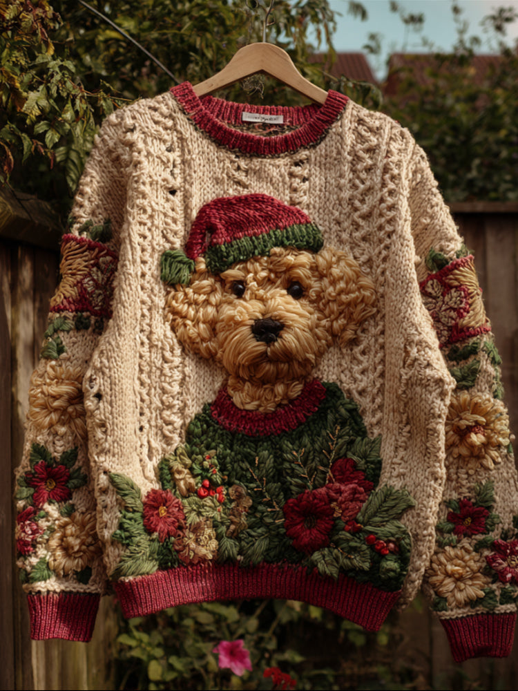 Christmas Flowers And Teddy Dog Round Neck Sweater artswardrobe