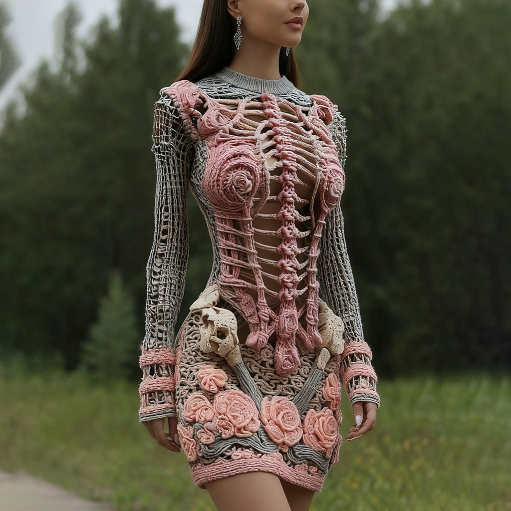 Women's Halloween Skeleton Bones With Rose Art Cozy Knit Mini Sweater Dress artswardrobe