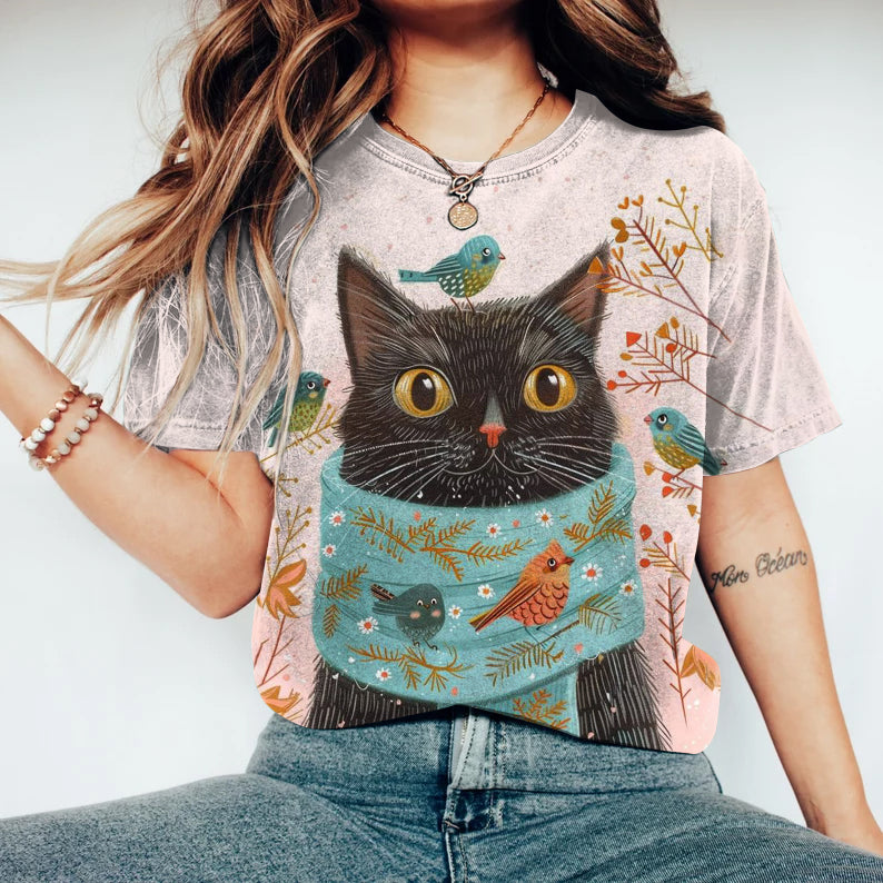Abstract Creative Black Cat With Bird In Floral Pattern Print Cotton Graphic T-Shirt elevenforest
