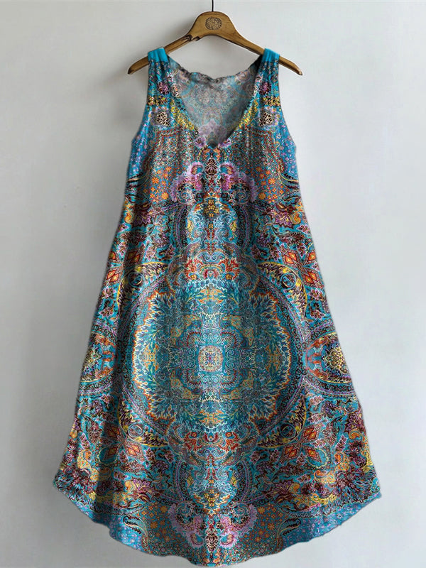 Women's Vintage Ethnic Floral Art Print V-neck Pocket Cotton Dress