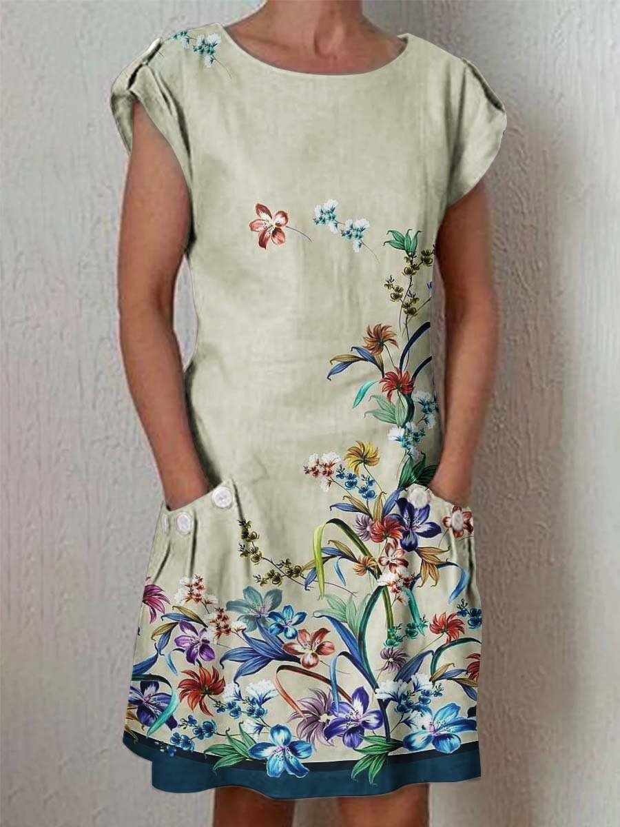 Women's Classic Floral Pattern Vintage Cotton and Linen Dress with Pockets