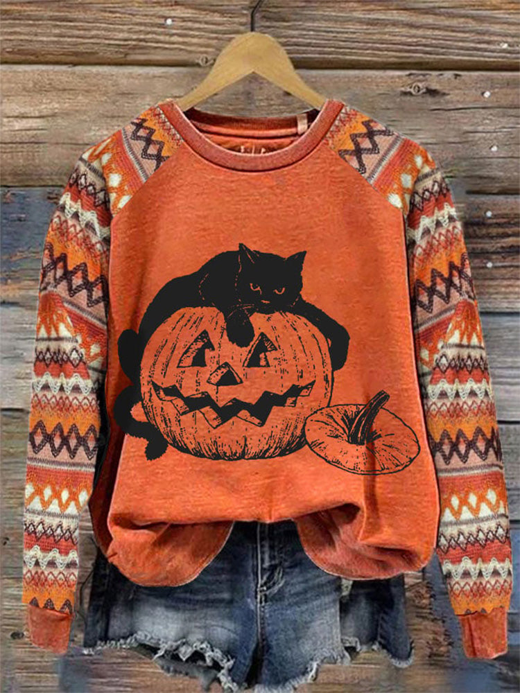 Women's Halloween Black Cat And Pumpkin Sweatshirt elevenforest