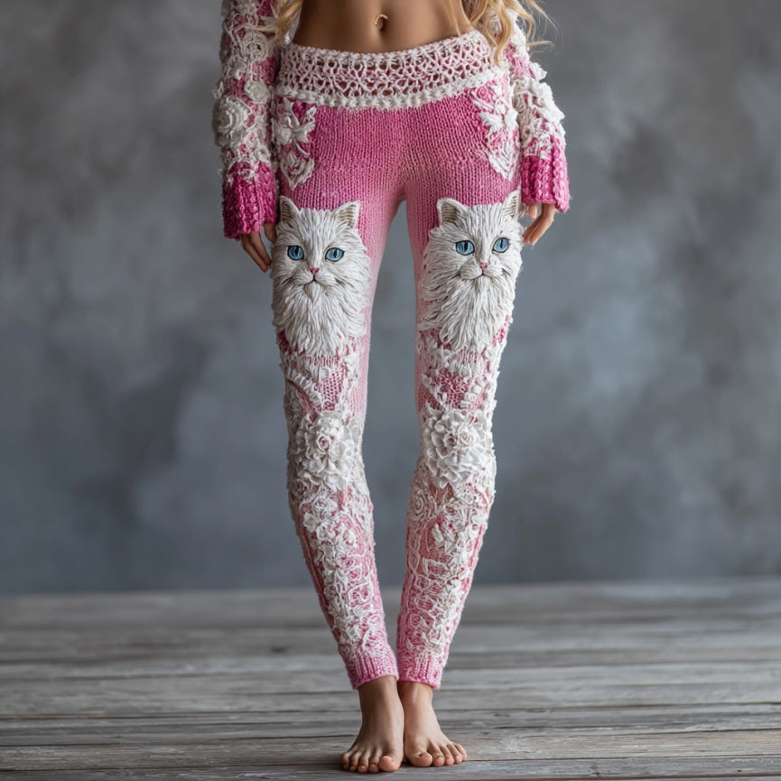 Women's Cute Cat Face Lace Embroidered Gradient Cozy Leggings