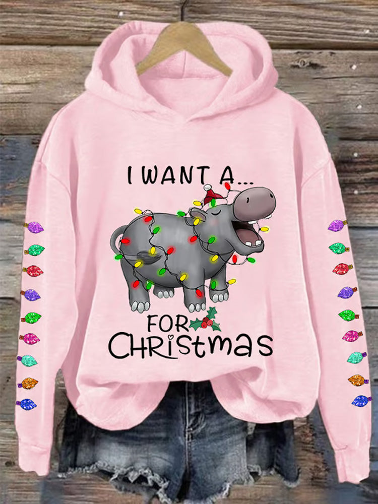 Women's I Want A Cute Hippopotamus For Christmas Holiday Gift Casual Hoodie artswardrobe
