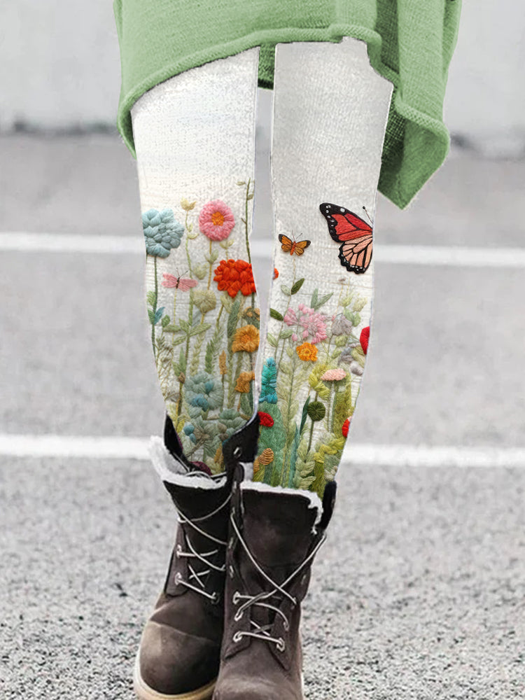 Butterfly Floral Felt Art Cozy Leggings artswardrobe