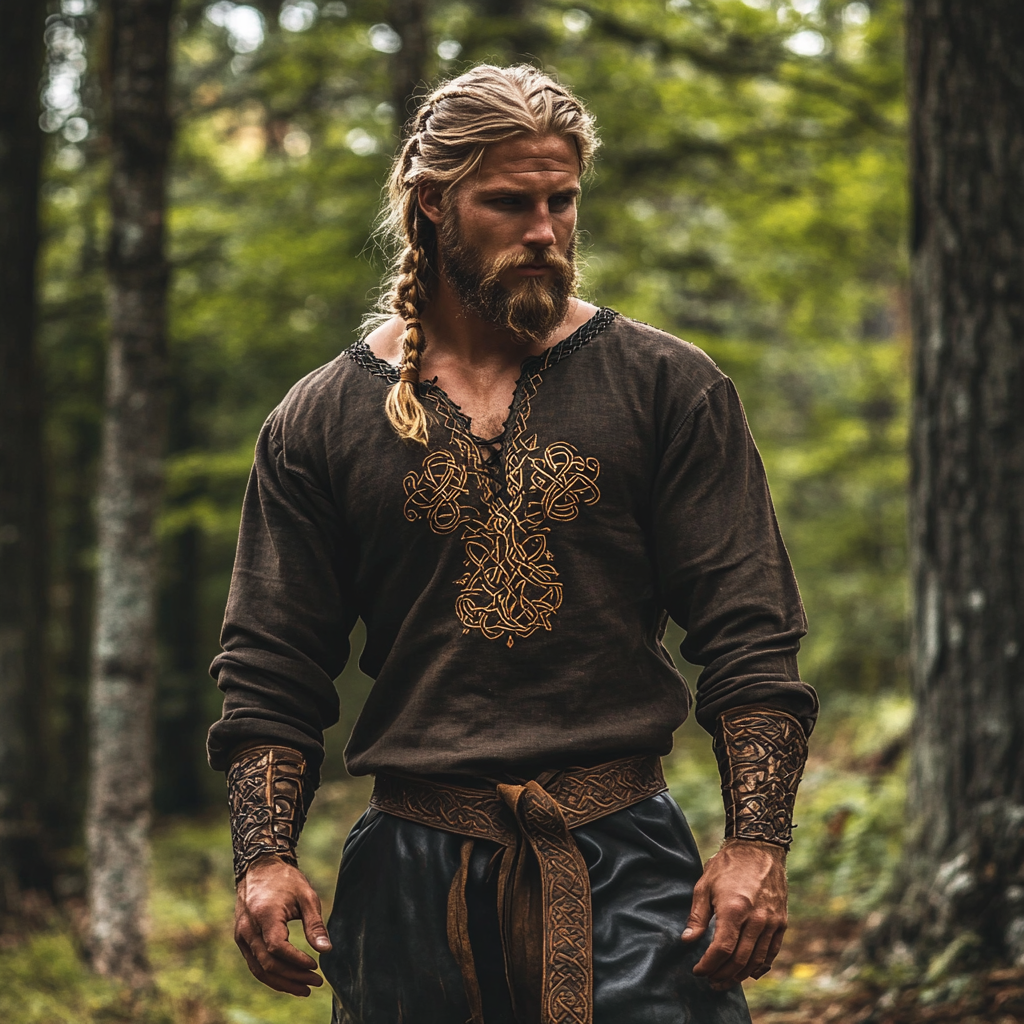 Men's Viking Tribal Tree Of Life Celtic Linen Blend Loose V-neck Shirt artswardrobe